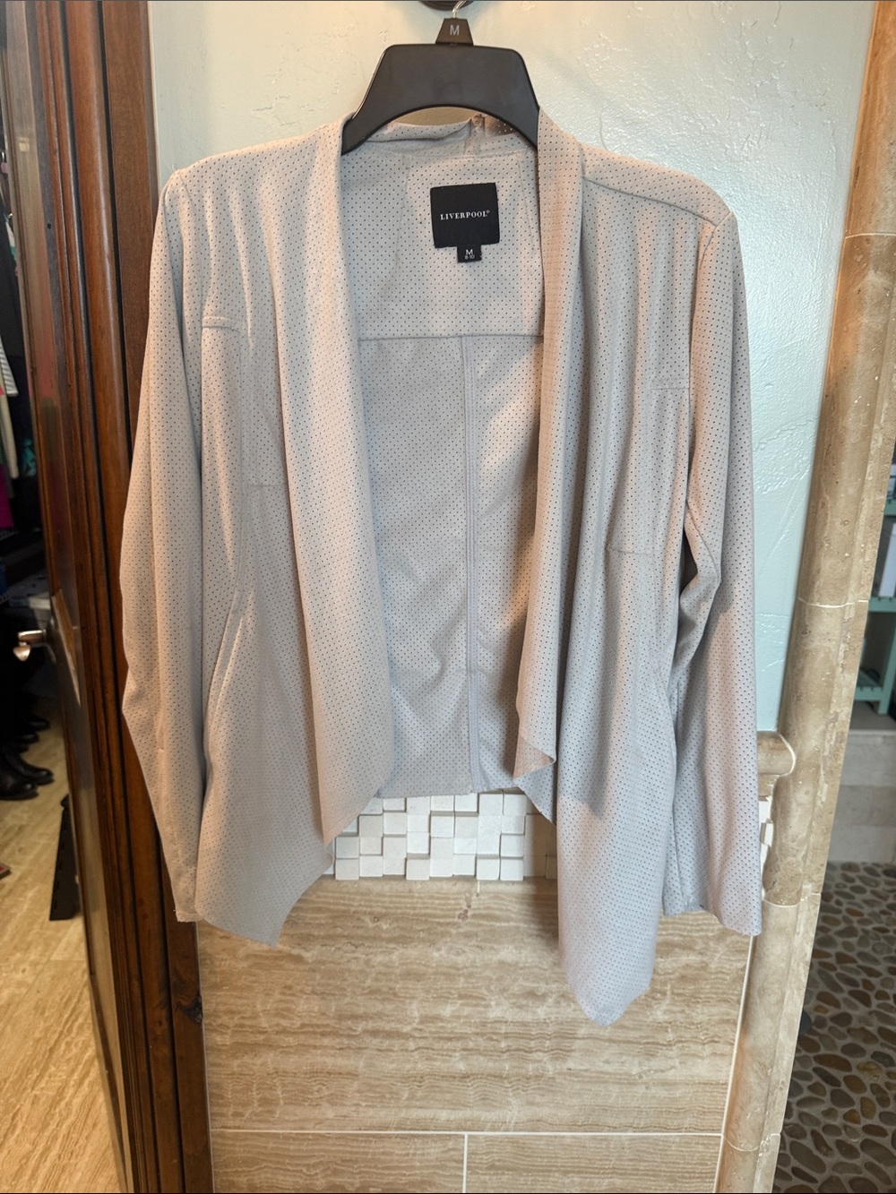 Liverpool Beige Light Gray Open-Front Draped Blazer
